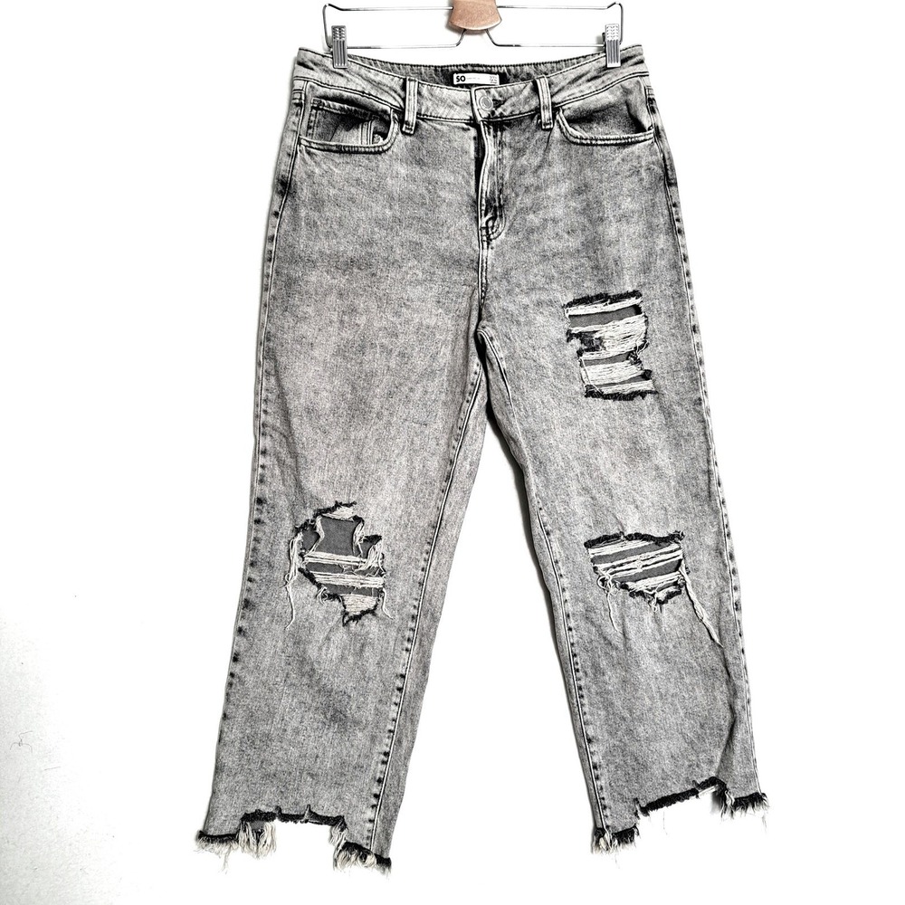 SO Womens 13‎ Gray Acid Wash High Rise Distressed Straight Jeans Raw Hem Denim
